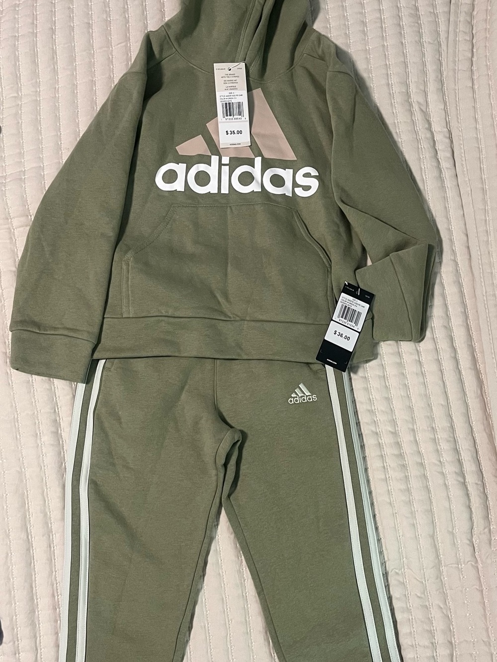 adidas Kids Olive Green Logo Hoodie & Joggers Set with Cream Logo